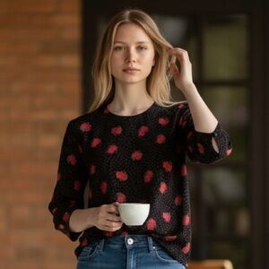 Vintage Ms Interpret Black Red Rose Floral Polka Dot Blouse 12 Rayon Dark Romanc